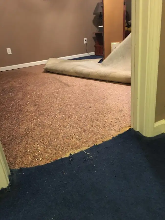 Carpet pad removal revealing water damage during Water Mitigation Services in Brick